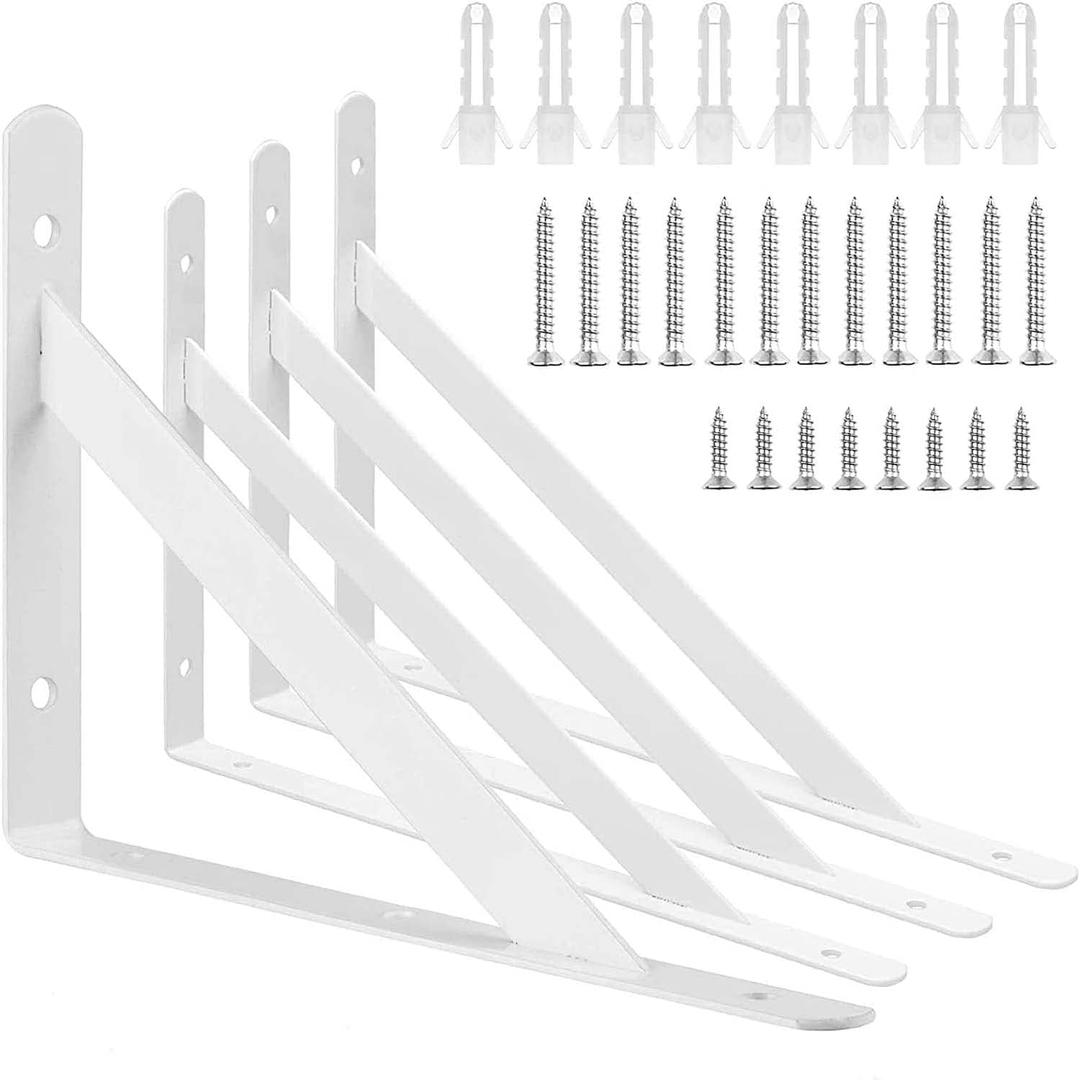 4 Pack White Shelf Brackets 10 Inch Heavy Duty L Bracket for Shelves, Wrought Iron White Triangle Shelf Brackets, Wall Mounted Floating Corner Shelving Bracket with Mounting Screws