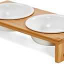 PiuPet Cat Bowl 8.5 fl oz with Rack, Set of 2 Bowls for Cats and Small Dogs, White Ceramic Cat Bowls for Easy Cleaning with Stylish and Non-Slip Bamboo Frame I Ideal Ergonomic Cat Food Bowl Set