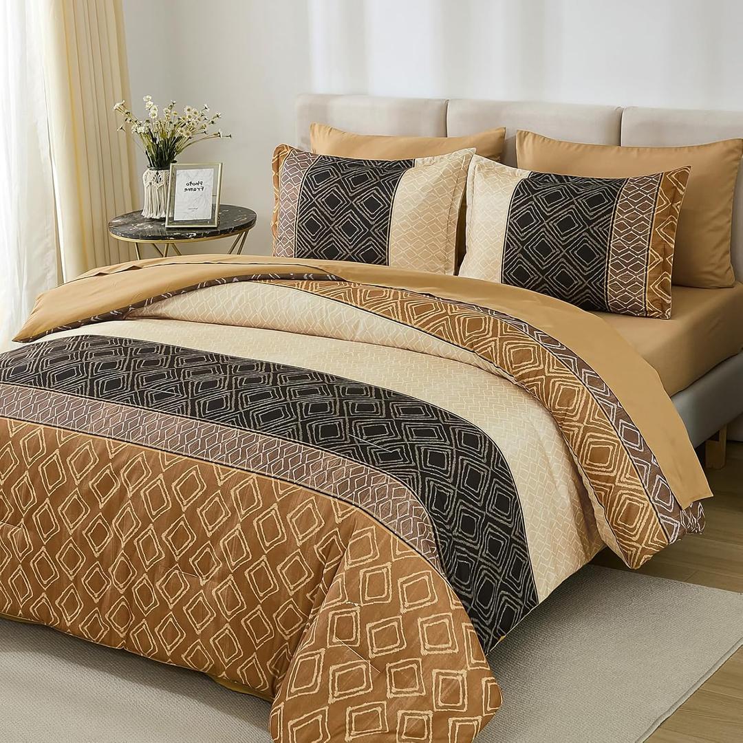 Dinjoy Full Size Comforter Sets Boho,Brown Striped Bedding Set Soft 7 Piece Bed in a Bag Comforters with Sheet Set,Microfiber Complete Sets with Plaid Bohemian for All Season