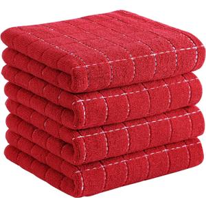 Homaxy 100% Cotton Terry Kitchen Towels(Red, 13 x 28 inches), Checkered Designed, Soft and Super Absorbent Dish Towels, 4 Pack