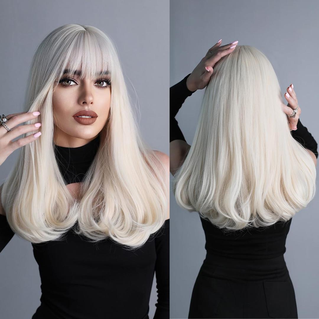 PARK YUN Long Platinum Blonde Wigs for Women Synthetic Glueless Realistic Straight Blond Wig with Bangs, Heat Resistant Natural Wig for Girls Daily Party Cosplay 22 inch