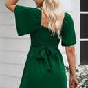 Dokotoo Women's Wrap V Neck Short Flared Sleeve Wedding Guest Dress Smocked Elastic Waist Tiered Belted Ruffle Hem Mini Dress (Green)