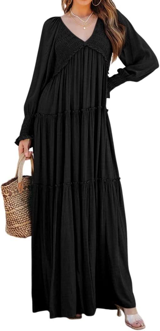 R.Vivimos Maxi Dress for Women Long Sleeve V Neck Empire Waist Layered Ruffle Boho Casual Flowy Long Dresses (Large, Black)