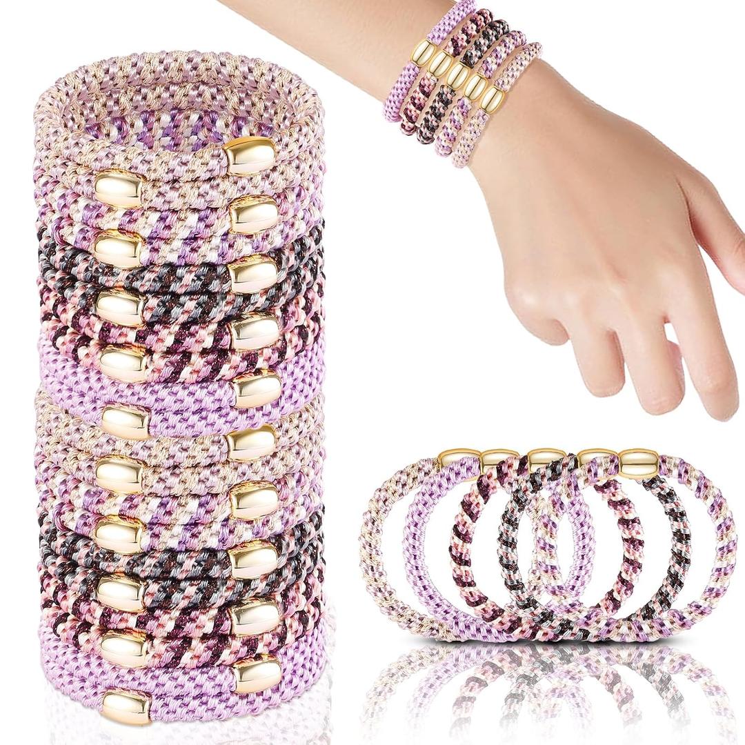 FORENEE 20Pcs Braided Hair Ties for Thick Hair - Violet | Stretchy braided bands offer secure hold for thick hair; gold beads suit ponytails, daily styling, workouts and wrist wear