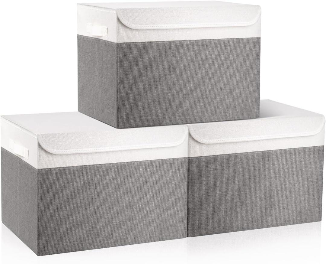 Bagnizer Large 17" 42 Quarts Collapsible Stackable Storage Bins with Lids [3-Pack] Foldable Fabric Linen Storage Boxes Cube, Closet Organizer Baskets with Label (16.7 x 12 x 12, Gray & White)