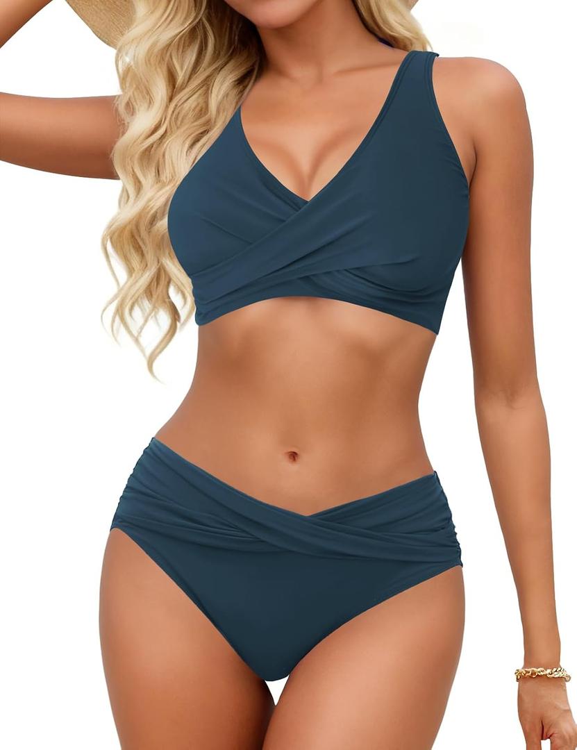 Women Twist Front Bikini Sets Two Piece Swimsuit Criss Cross Tie Back Bathing Suit (Blue, S)