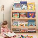 Wooden Kids Bookshelf, Book Shelf for Kids Rooms w/Scalloped Edges, Durable Childrens Bookshelf with 3 Cube Bins for Books & Toys - Toddler Montessori Bookcase Nursery