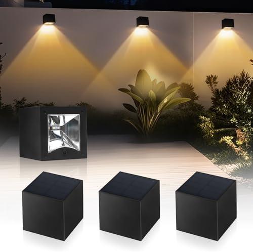 Solar Wall Lights Outdoor Waterproof Dusk to Dawn Solar Fence Light IP65 LED Square Modern with Warm White & RGB Modes Lighting for Yard, Patio, Deck, House Numbers, 4 Pack