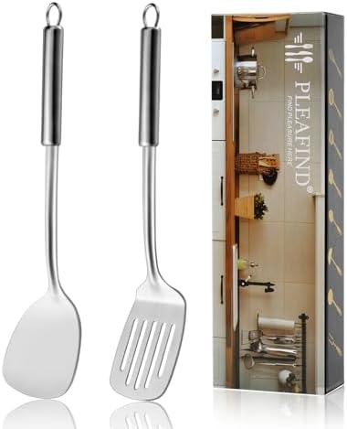 Pleafind 2-Pcs Solid & Slotted Spatula Set, 304 Stainless Steel Spatula, Metal Spatula, Wok Utensils, Cooking Utensils, Wok Spatula for Home, Kitchen and Restaurant, Dishwasher Safe, Silver