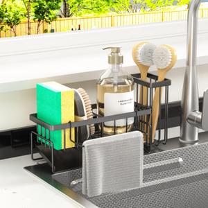 MODRACKLY Sponge Holder & Sink Caddy Organizer - Rustproof Kitchen Sink Organizer with High Brush Holder - Kitchen Essentials Countertop Storage Organization (Grey)