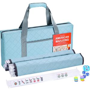 American Mahjong Tile Set Complete, 166 White Tiles with Accessories, 4 Mahjong Racks with Pushers, Mahjong Set with Blue Carrying Bag for Beginners (Ma Jong, Mah-Jongg)