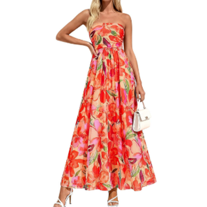 PRETTYGARDEN Women Strapless Maxi Dress 2026 Summer Floral Tube Top Ruched Beach Spring Wedding Guest Long Dresses, Floral Orange, Size S