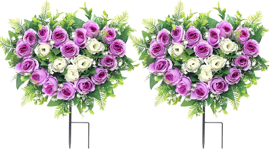 Lodou 2 Sets Artificial Cemetery Flowers, Grave Memorial Flowers with Ground Spike,Heart Shaped Wreaths Rose Flowers for Artificial Rose Decoration for Cemetery Headstones Gravesites (Purple)