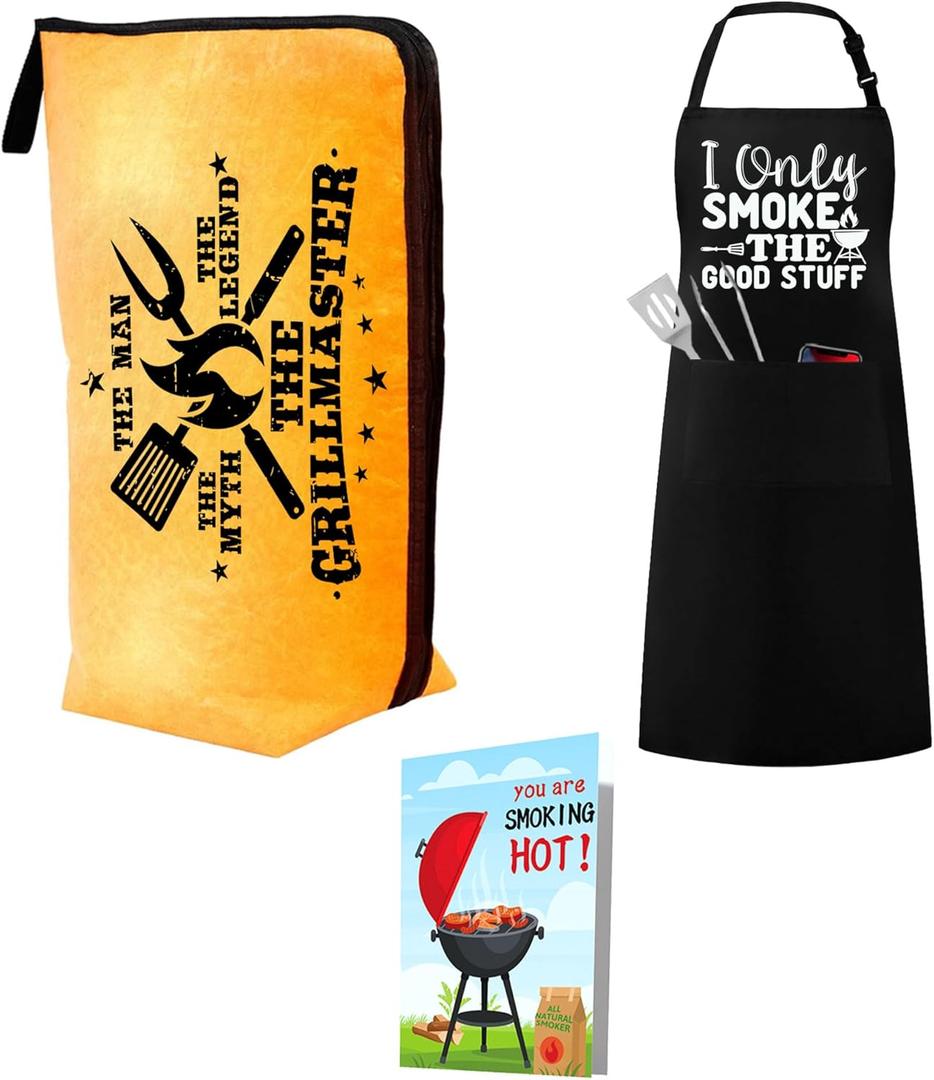Grilling Smoker Apron & BBQ Blanket Accessories Gifts for Husband, Funny Christmas & Birthday Barbecue Accessories Tools Gifts for Men Who Have Everything (Black)