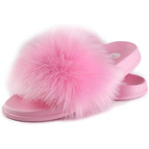 Women's Faux Fur Slides, Open Toe Cute Fur Slippers, Indoor or Outdoor Comfortable Furry Slide Sandals With Fluffy Fur (8-8.5)
