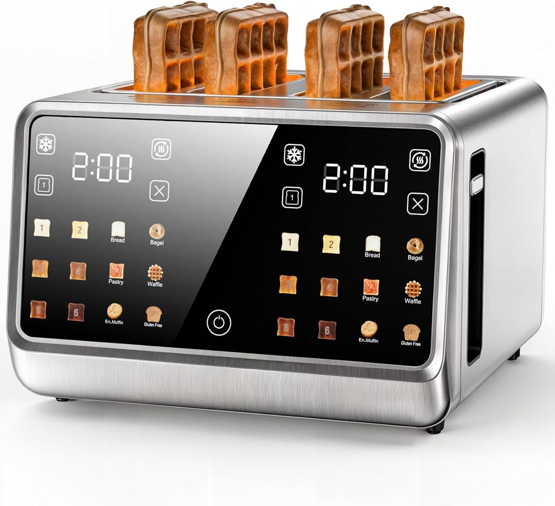 Smart Toaster 4 Slice Wide Slot Dual Digital TouchScreen & Independent Control for Family | 1800W Stainless Steel for 6 Bread Types & Toast Settings | Defrost Reheat & Single-Slice Modes