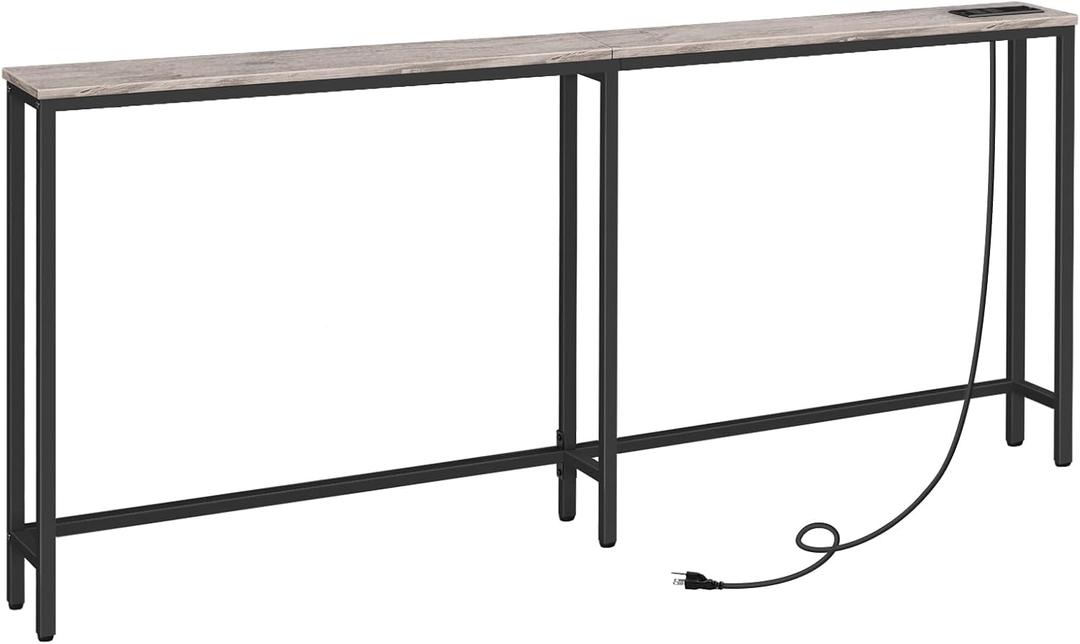 HOOBRO 5.9" Skinny Console Table with Charging Station, 70.9" Narrow Sofa Table with Power Outlets, Long Behind Couch Table, Slim Entryway Table for Hallway, Living Room, Greige BG185UXG01 (Greige and Black)
