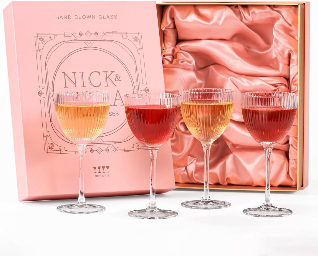 Vintage Art Deco Nick and Nora Cocktail Glasses  5 oz Crystal Ribbed Coupe Glassware for Martinis, Manhattans & Classic Gin Drinks | Great Gatsby & The Thin Man Inspired Barware Gift Set of 4