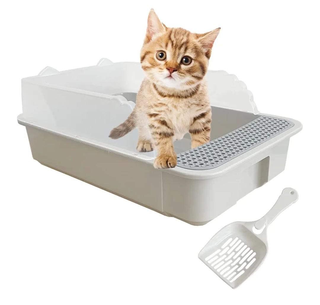 Open Small Cat Litter Box, Kitten Litter Box with Scoop Low Entry High Sides Cat Toilet Pan, Semi-Enclosed Anti-Splashing Kitty Tray for Small Space Easy to Clean(Grey)