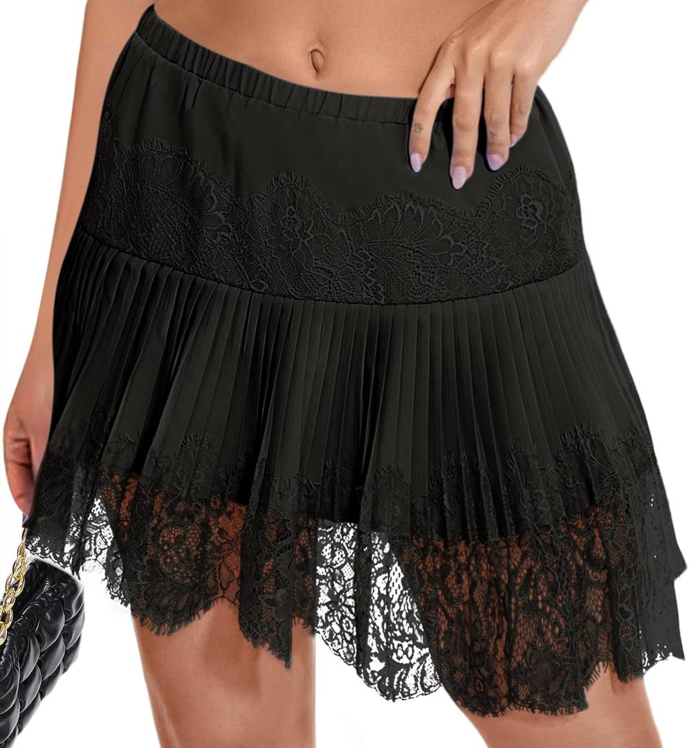 LOMON Women Y2k Mini Slip Skirt with Lace Trim Pleated Ruffle Short Skirts Flowy Club Night Skort Underskirt XL (Black)