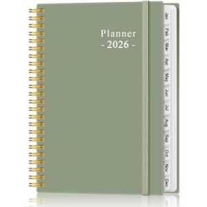 2026 Planner - Planner 2026 from January 2026 - December 2026, Weekly & Monthly Planner Spiral Bound with 12 Monthly Tabs, Inner Pocket, 6.4" x 8.5", Green-E