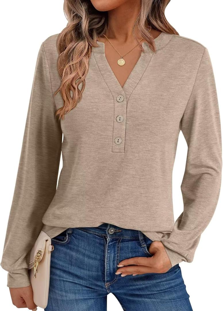EasyGala Womens V Neck Long Sleeve Shirts Henley Dressy Casual Tops Loose Fit Trendy Tees Fall T Shirts Outfits 2025 (Beige, M)
