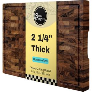 Shumaru Butcher Block Cutting Board - [24" x 18" x 2.25"], End-Grain Tropical Walnut Kitchen Chopping Block with Non-Slip Feet, Built-in Handles & Juice Groove