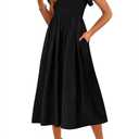 CFLONGE Women's Casual Short Puff Sleeve Summer Dresses for Women 2025 High Waist Casual Flowy A Line Midi Dress with Pockets (Medium)