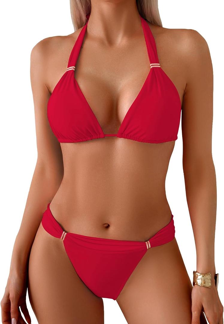 TASHEHE Women's Triangle Ruched Bikini Set Sexy Two Piece Swimsuit Halter Sliding Rings Bathing Suit (508 / Red, Small)