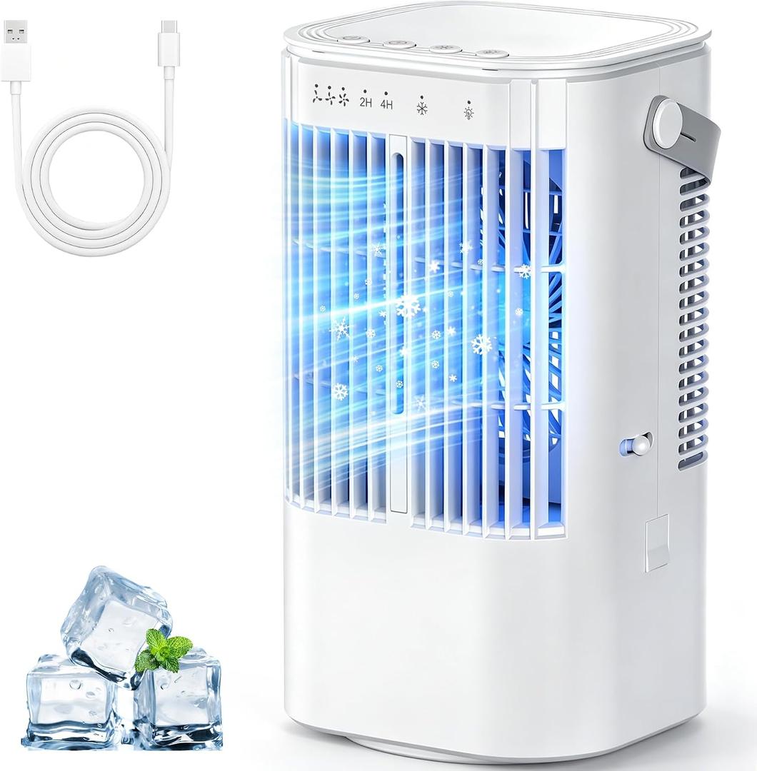 Portable Air Conditioners 4-in-1 Mini Small Air Conditioner Evaporative Air Cooler Fan with 1000ml Water Tank 3 Speeds 7 LED Lights Personal Mini AC with Timer for Bedroom Desktop Home Office (White)