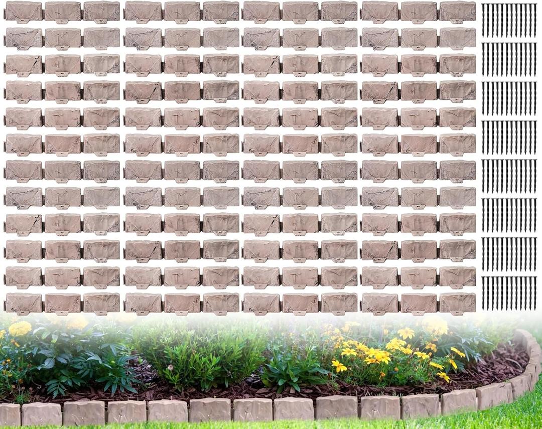 Landscape Edging Faux Stone Garden Edging Border,2.75 in Tall Decorative Stone-Look Garden Border Edging for Flower Bed,Lawn,Landscaped Yard,Tree and Garden Border,with Anchor Spikes,68FT,Brown
