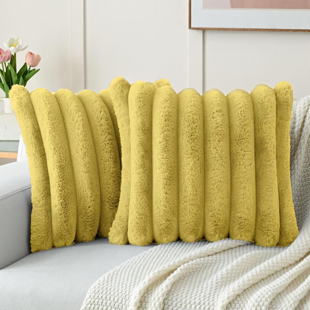 FUTEI Mustard Yellow Decorative Throw Pillow Covers 20x20 Inch Set of 2, Square Soft Faux Rabbit Fur Big Striped Cushion Cover,Home Decor for Couch Sofa Bed Living Room