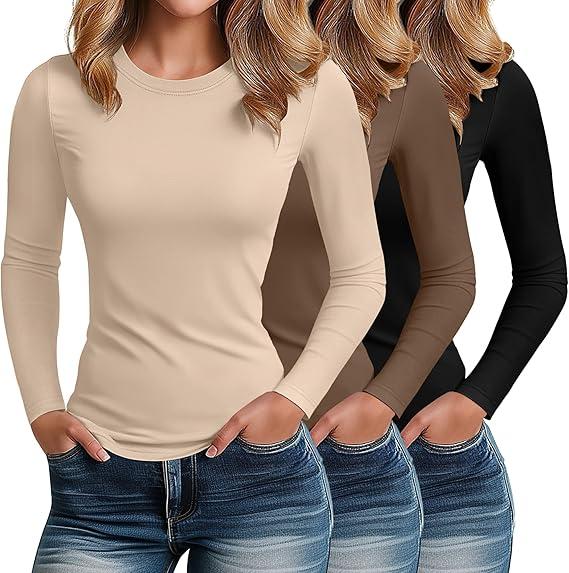 Riyiper 3 Pack Women's Long Sleeve Shirts Cotton Blend Crew Neck Tops Slim Fitted Casual Base Layer Lightweight Tees 2026