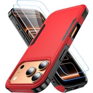 AEDILYS®Shockproof® for iPhone 17 Pro Max Case,[15 FT Military Grade Drop Protection],with 2X [Kevlar® 9H Glass Screen Protector] with Air Bumpers Full-Body Protective Phone Case, Red