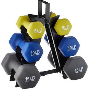 Amazon Basics Neoprene Dumbbell Hand Weights with Rack, 3 Pairs (5, 10, and 15 Pounds), Green/ Blue/ Grey