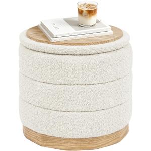 B FSOBEIIALEO Round Storage Ottoman with Tray, Folding Ottoman with Storage Coffee Table Foot Rest for Dorm Room Living Room Chenille Fabric,Wood-Grain Leather Base,White,15.35"x15.35"x14.57"