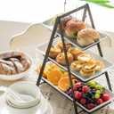 YHOSSEUN 3 Tier Serving Tray Tiered Tray Stand, Ceramic Serving Platters and Trays with Metal Rack, 10+12+14 Inch Large Serving Trays for Party 3 Tier Serving Stand Dessert Display Set, Black