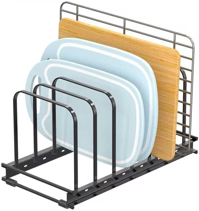 Cutting Board Organizer Rack, 1-Pack Adjustable Bakeware Organizer Holder for Cabinet Countertop, 7 Slots Metal Rack Cookie Baking Sheet, Pot Pan Lids Divider Kitchen Organization Storage, Black
