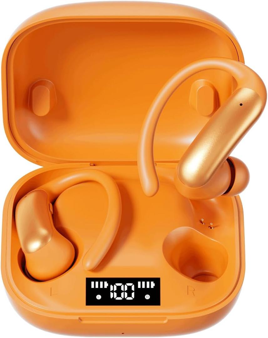 Ear Buds Wireless Earbuds Bluetooth Headphones with 60H Playtime LED Display Case, Over-Ear Hook with Mic, Stereo Sound, Easy Button Controls, Sports Earphones for Running Workout Gym Orange