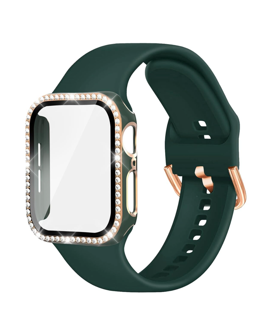 Compatible with Apple Watch Band and Case 38mm 40mm 41mm 42mm 44mm 45mm Women, Soft Silicone Bands and Bling Diamond Case & Glass Screen Protector for iWatch Series 9 8 7 6 5 4 3 2 1 and SE