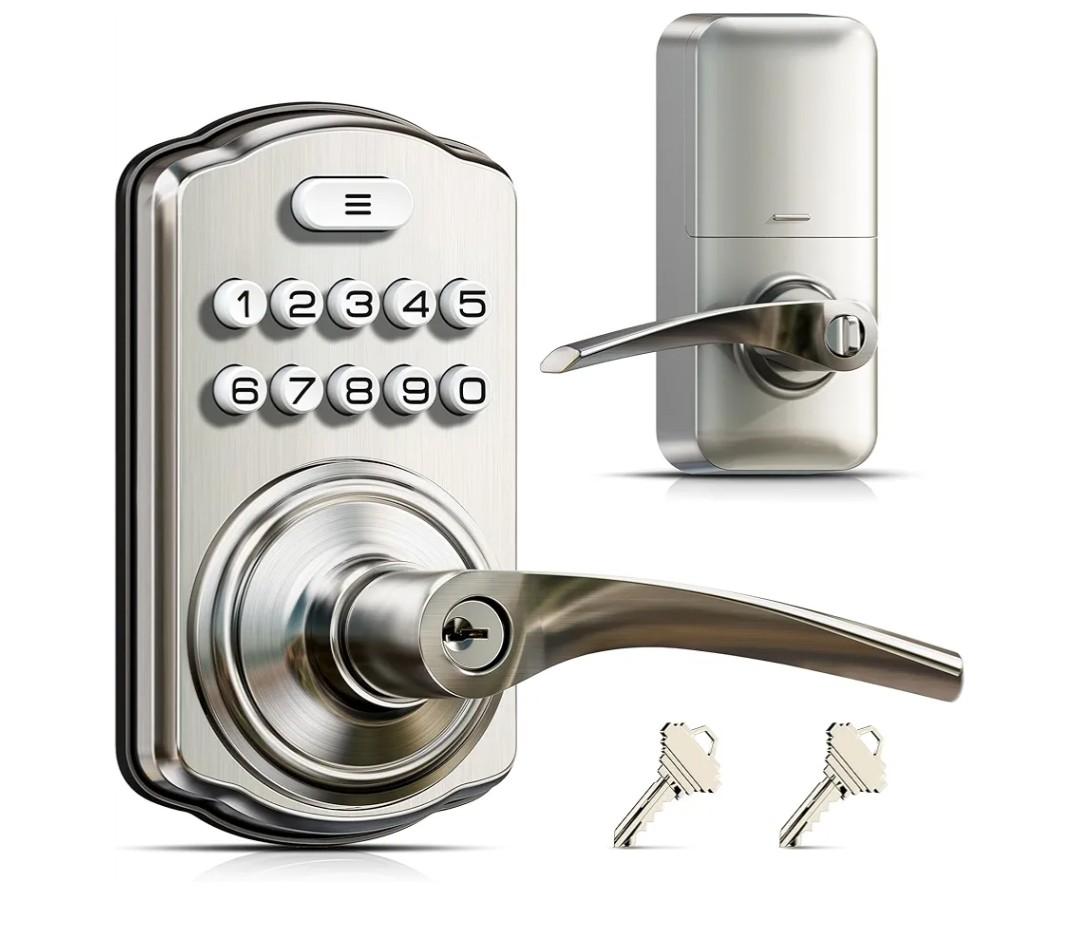 Veise Keypad Door Lock with Handle, Keyless Entry for Front Door & Bedroom, Electronic Lock with Code, Auto-Locking, Easy Installation, Passage Mode, Satin Nickel