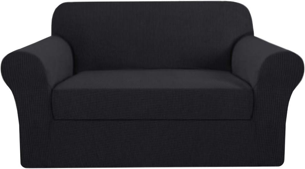 H.VERSAILTEX Loveseat Cover 2 Piece Furniture Protector Sofa Cover for Love Seat Fit Lovesat Width Up to 70 Inch, Durable Spandex Stretch Fabric Slipcover Suit for T/Box Cushion- Loveseat, Black
