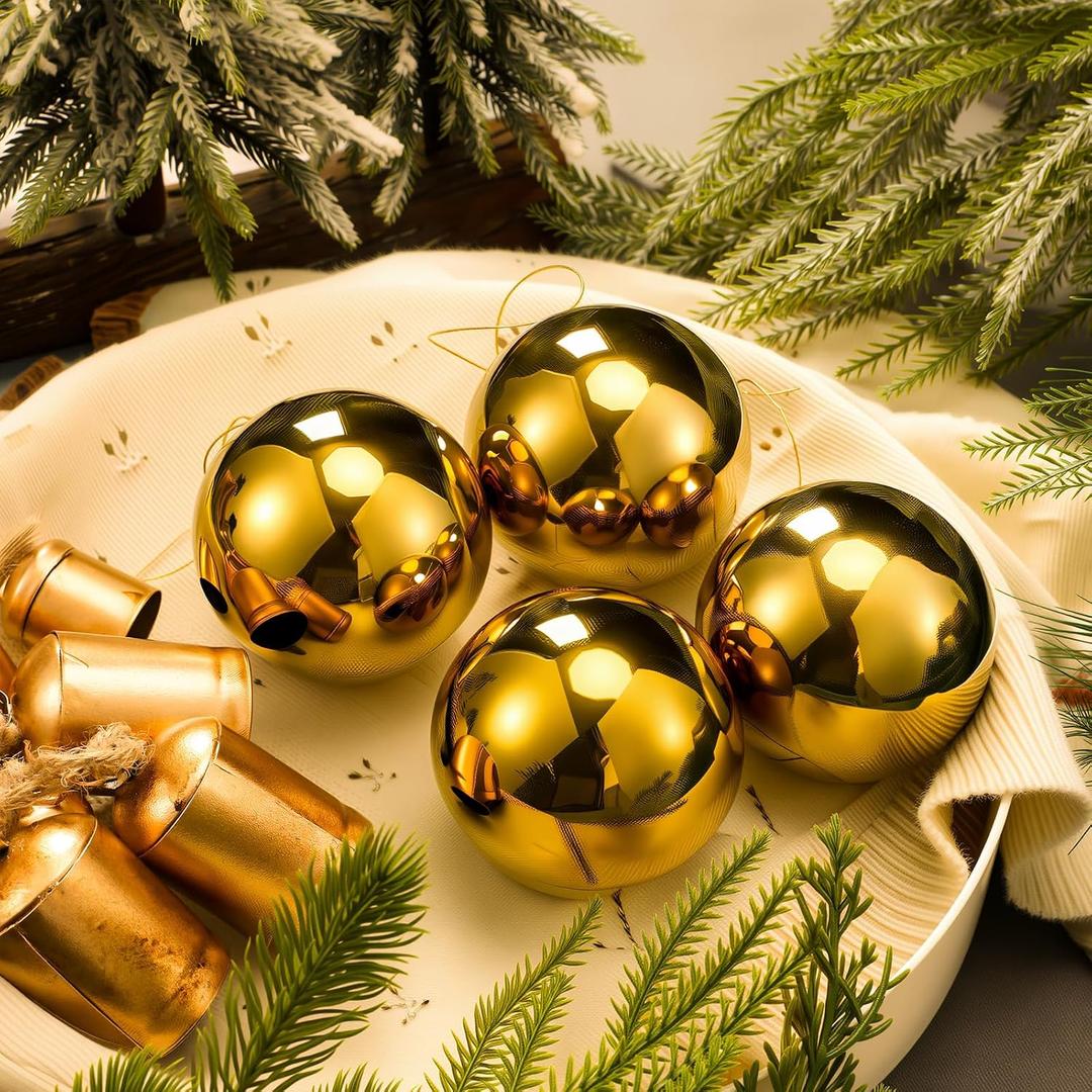 Bucherry 4 Pcs 3.15 Inch Gold Christmas Metal Ball Ornaments Indestructible Brass Ornaments Shatterproof Xmas Brass Decor Gold Christmas Decor for Tree Hanger Decorations