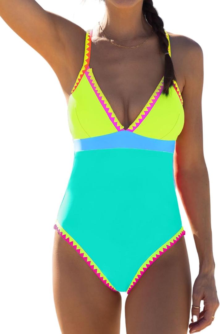 popvil One Piece Swimsuit 2025 Tummy Control Women Bathing Suit Shapewear Swimsuits Slimming Neon Cute Tie Back Swimwear (Medium, Colorblock5)