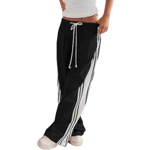 Hongsui Women's Wide Leg Pants Drawstring High Rise Side Striped Slouchy Palazzo Pants with Pockets (X-Large, Black)