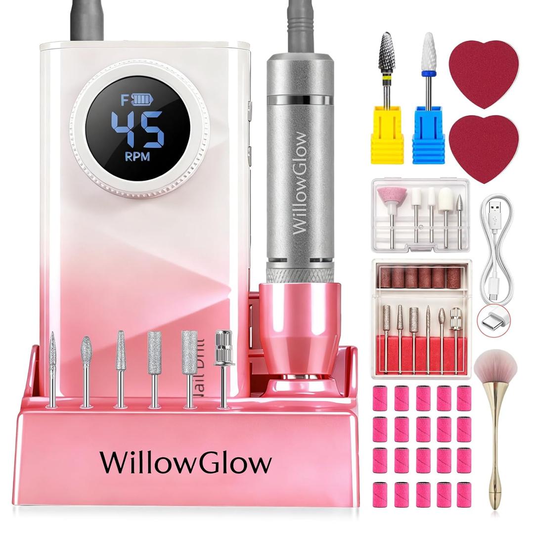 45000 RPM Electric Nail Drill, Ultra Silent Professional Nail Drill, Cordless Electric Nail File with Tungsten & Ceramic Nail Bits, Powerful High Speed Efile