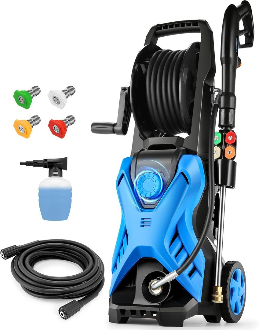 Pressure Cleaner 5000PSI,High Power Cleaner,Adjustable Pressure with 33FT Extension Hose Reel, 4 Nozzles and Soap Bottle for Cars/Fences/Driveways/Home/Patios (Blue)
