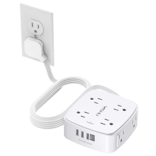 10 Ft Surge Protector Power Strip - YISHU 8 Widely Outlets with 4 USB Ports, 3 Side Outlet Extender with 10 Feet Flat Extension Cord, Ultra Flat Plug, Wall Mount, Desk USB Charging Station, ETL, White