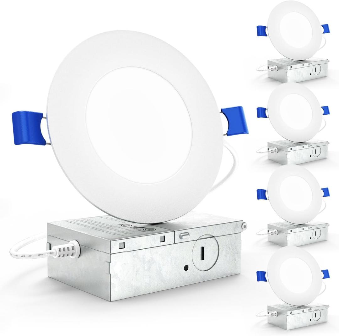 Sunco 4 Inch LED Recessed Lights, Slim Canless Ceiling Lighting, 650 LM, 10W (60W Equivalent), 6000K Daylight Deluxe, Dimmable, Wafer Thin, Ultra Thin with Junction Box ETL 4 Pack.