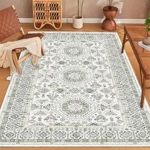 Washable Rugs 8x10 Area Rugs for Living Room Clearance Bedroom Rug Under Bed Moroccan Non Slip 8x10 Tribal Rug Beige and Green Geometric Dining Room